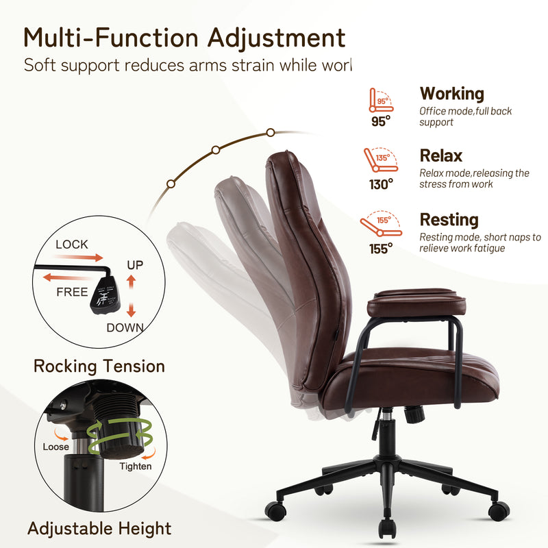 Furniliving Leather Home Office Desk Chair Mid Century Modern Office Chair With Lumbar Support