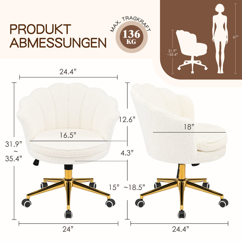 Furniliving Cute Vanity Chair With Shall-Shaped Backrest,Adjustable Swivel Home Office Desk Chair With Wheels