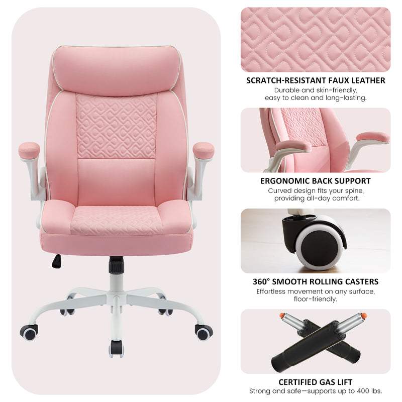Furniliving Mid Century Modern Office Chair Leather Computer Desk Chair With Flip-Up Armrests