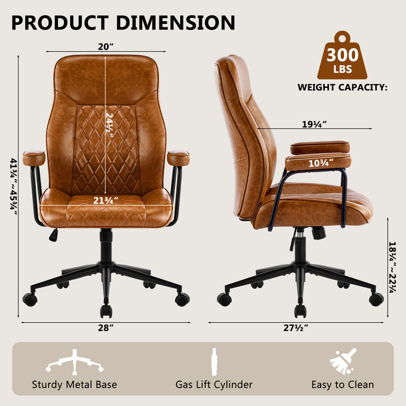 Furniliving Leather Home Office Desk Chair Mid Century Modern Office Chair With Lumbar Support