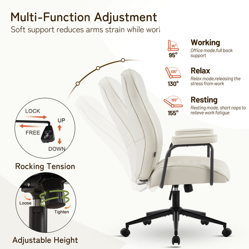 Furniliving Leather Home Office Desk Chair Mid Century Modern Office Chair With Lumbar Support