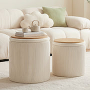 Round Velvet Storage Stool Set Of 2 with Wood Table Top Beige-5| Furnimart
