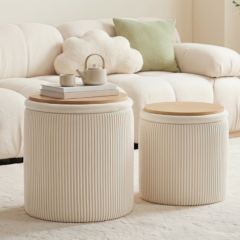 Round Velvet Storage Stool Set Of 2 with Wood Table Top Beige-5| Furnimart