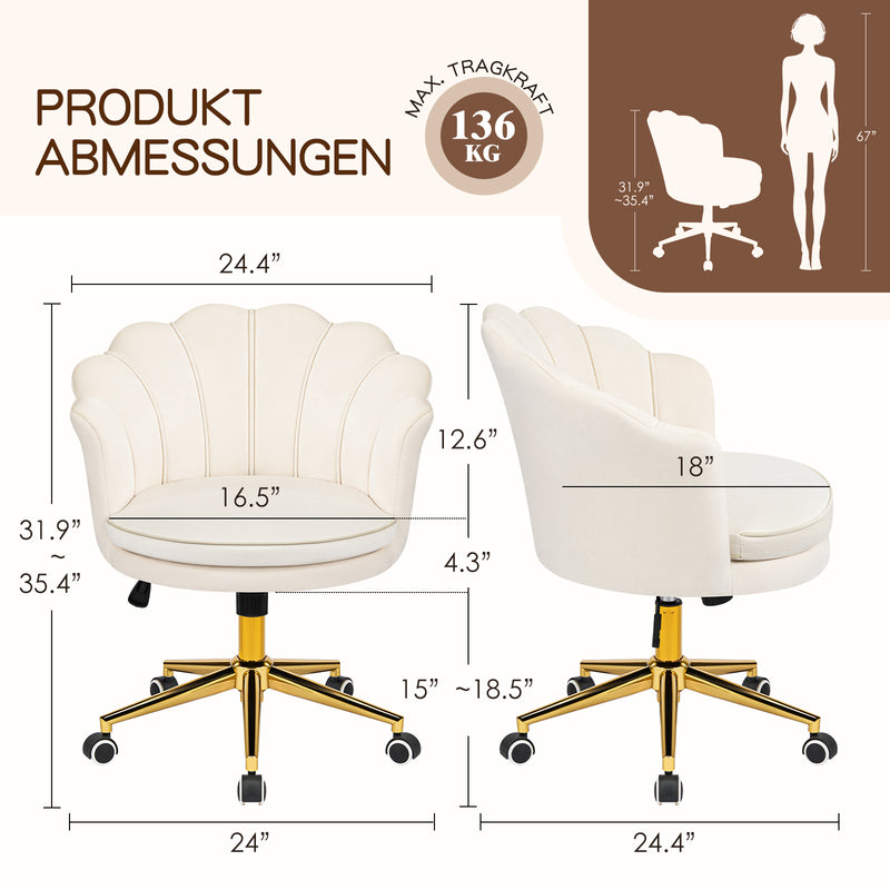 Furniliving Cute Vanity Chair With Shall-Shaped Backrest,Adjustable Swivel Home Office Desk Chair With Wheels
