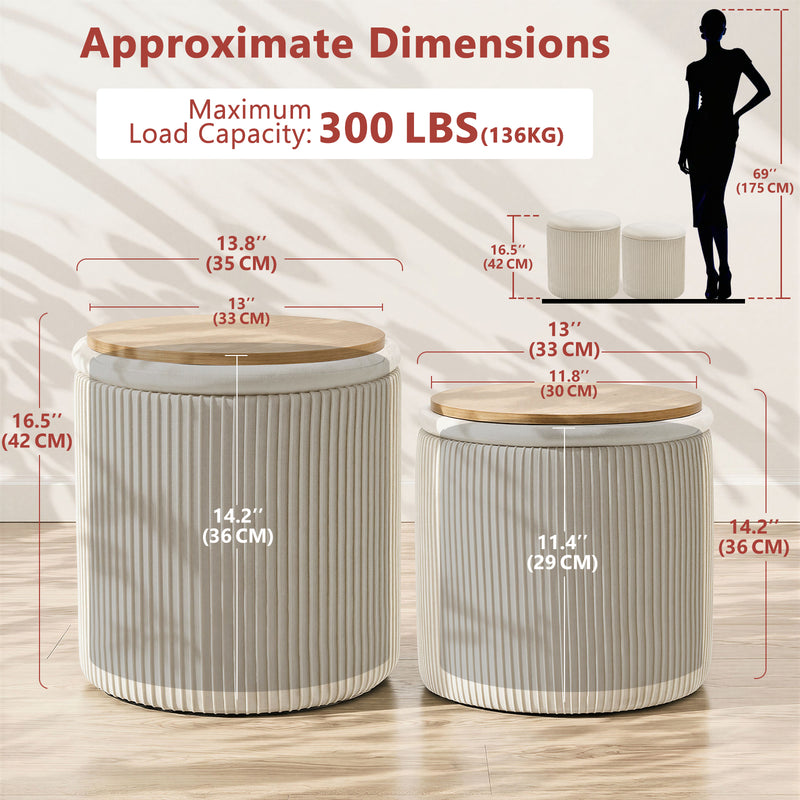 Round Velvet Storage Stool Set Of 2 with Wood Table Top Beige-6 | Furnimart