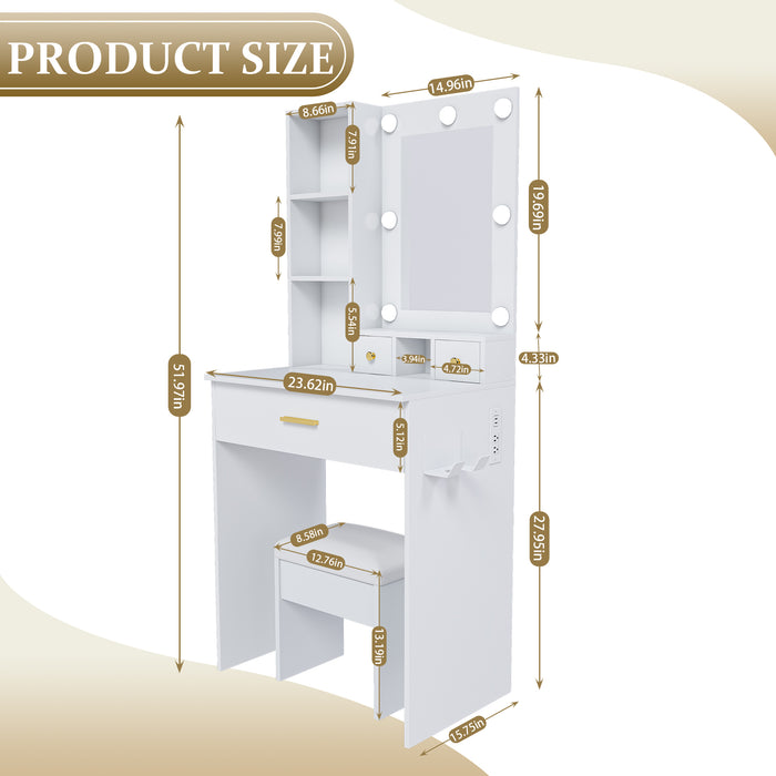 Vanity Table with Mirror & Adjustable LED Lights, Power Outlet, Hairdryer Holder & Stool – Compact Dressing Desk for Small Bedrooms