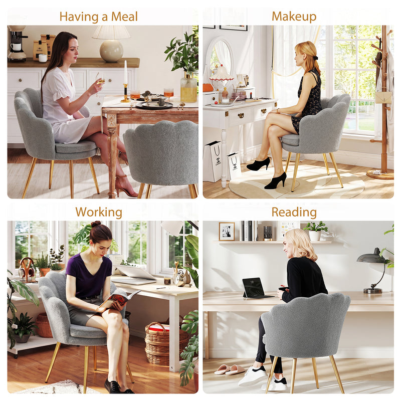 Furniliving Velvet  Vanity Chair Seashell-Shaped Vanity Stool Upholstered Accent Chair With Golden Metal Legs
