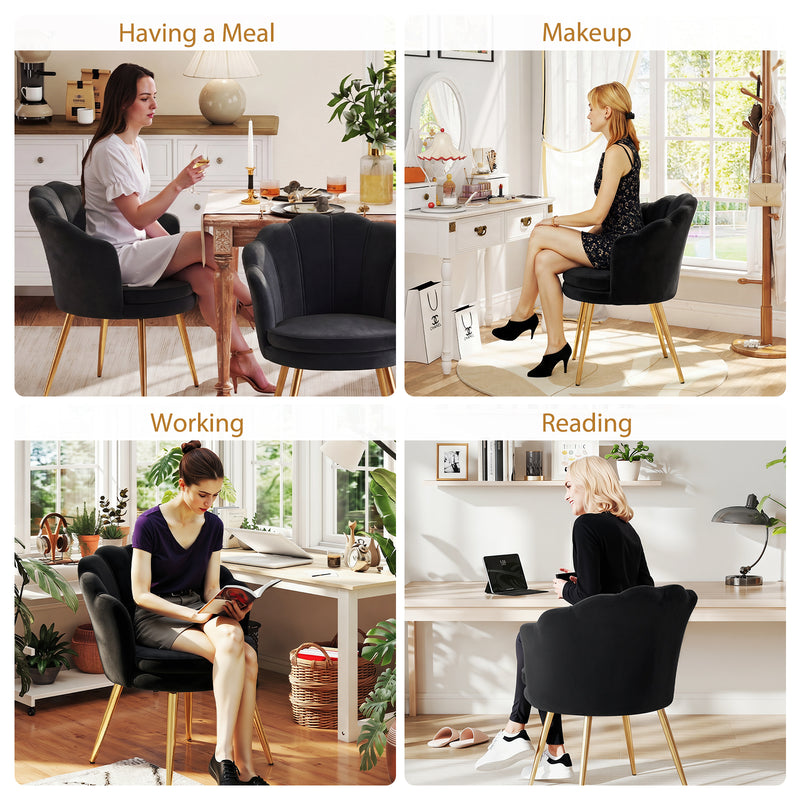 Furniliving Velvet  Vanity Chair Seashell-Shaped Vanity Stool Upholstered Accent Chair With Golden Metal Legs