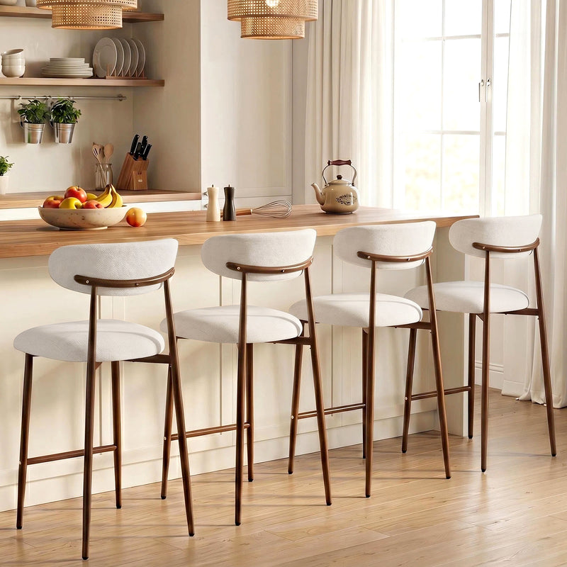 Upholstered Linen Bar Stools with Walnut Grain Metal Legs