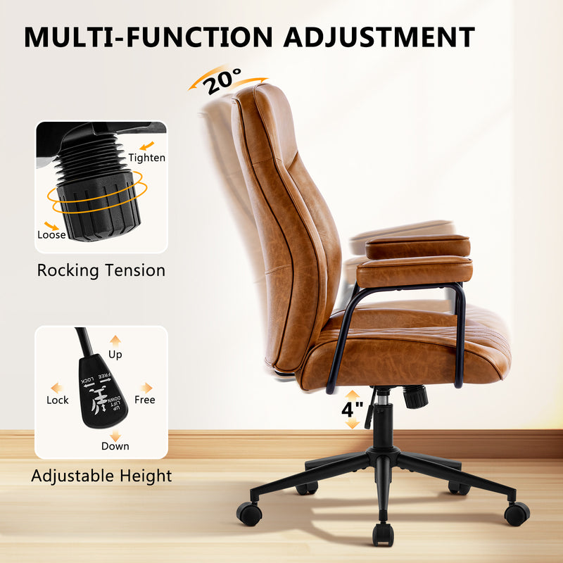 Furniliving Leather Home Office Desk Chair Mid Century Modern Office Chair With Lumbar Support