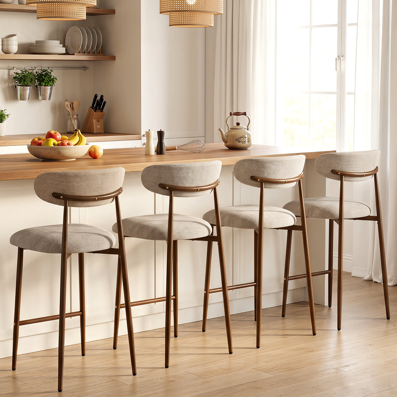 Upholstered Linen Bar Stools with Walnut Grain Metal Legs