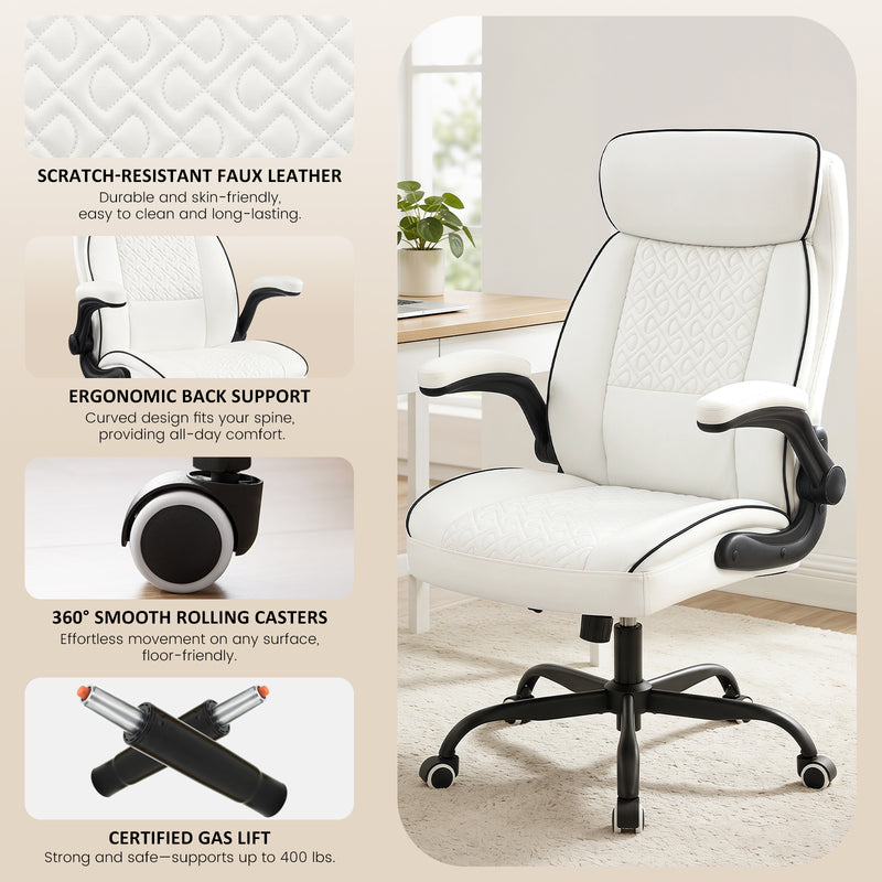 Furniliving Mid Century Modern Office Chair Leather Computer Desk Chair With Flip-Up Armrests