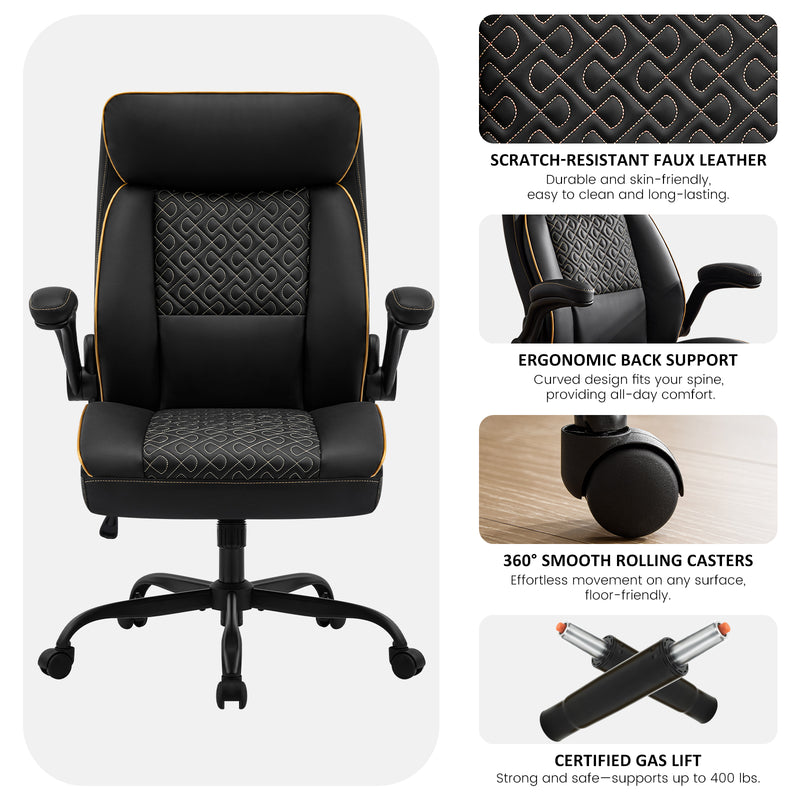 Furniliving Mid Century Modern Office Chair Leather Computer Desk Chair With Flip-Up Armrests