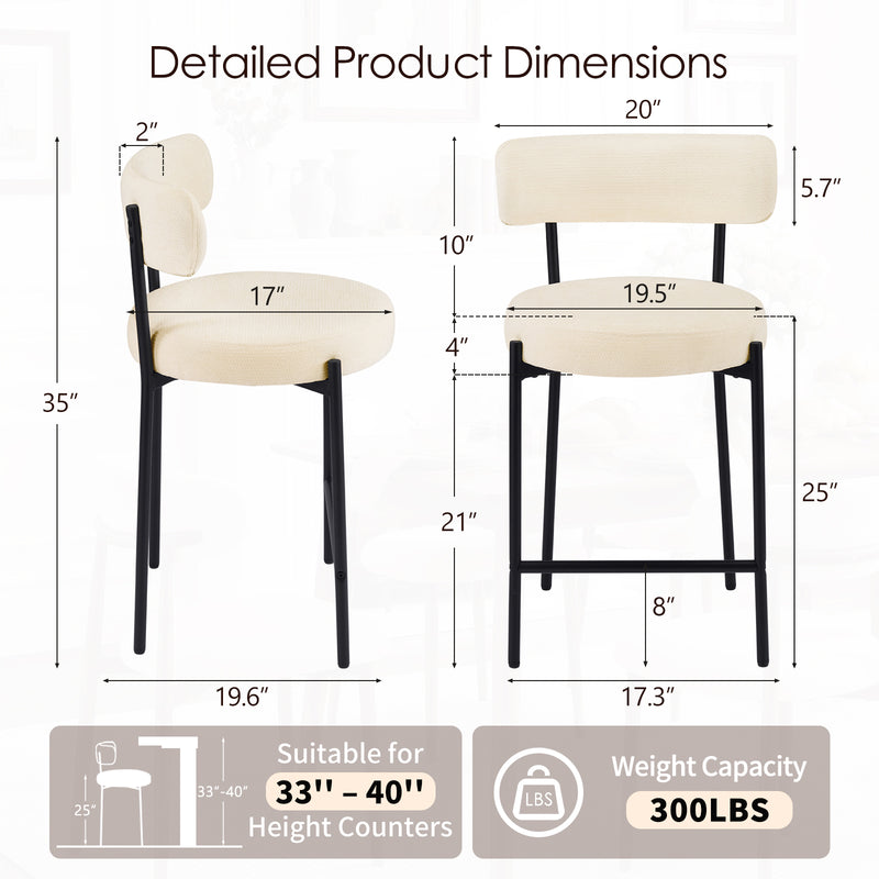 Furnilivng 24'' Bar Stools Set of 2, Modern Boucle Fabric Counter Height Bar Stools with Mid Back, Metal Frame with Upholstered for Kitchen Island, Bar, Dining Room