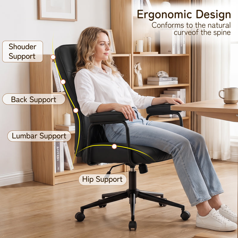 Furniliving Leather Home Office Desk Chair Mid Century Modern Office Chair With Lumbar Support