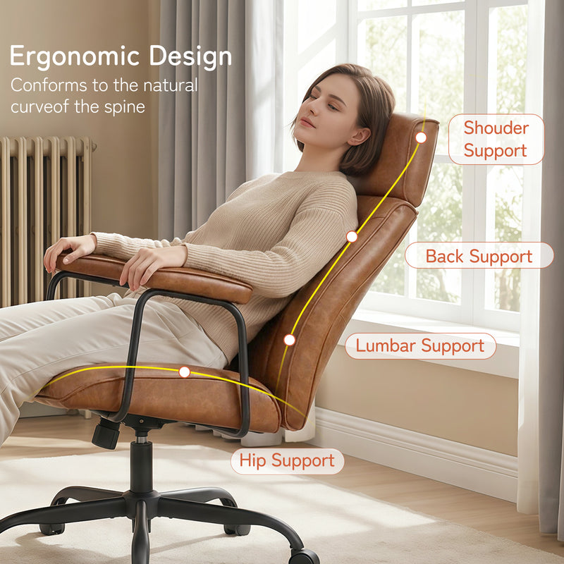 Leather Home Office Desk Chair Mid Century Modern Office Chair With Lumbar Support
