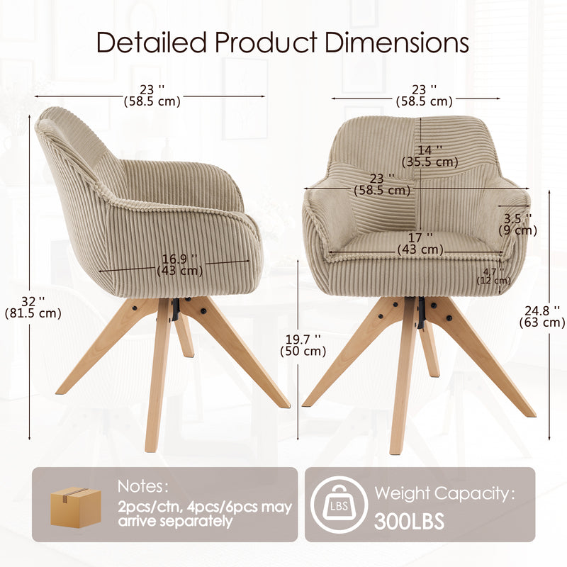 Swivel Corduroy Dining Chairs Set of 2 with Solid Wood Frame and Thicken Cushion