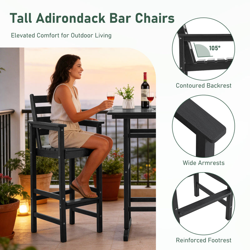 Outdoor Tall Adirondack Bar Chairs Set of 2,All-Weather HDPE Outdoor Bar Stools For Poolside