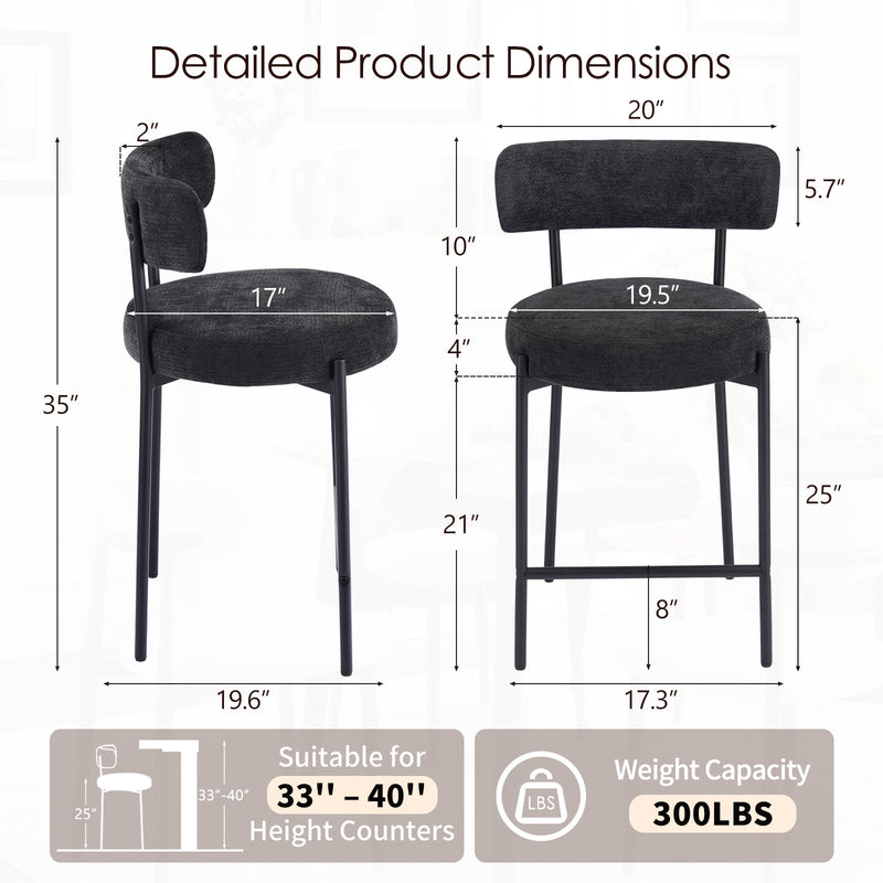 Furnilivng 24'' Bar Stools Set of 2, Modern Boucle Fabric Counter Height Bar Stools with Mid Back, Metal Frame with Upholstered for Kitchen Island, Bar, Dining Room
