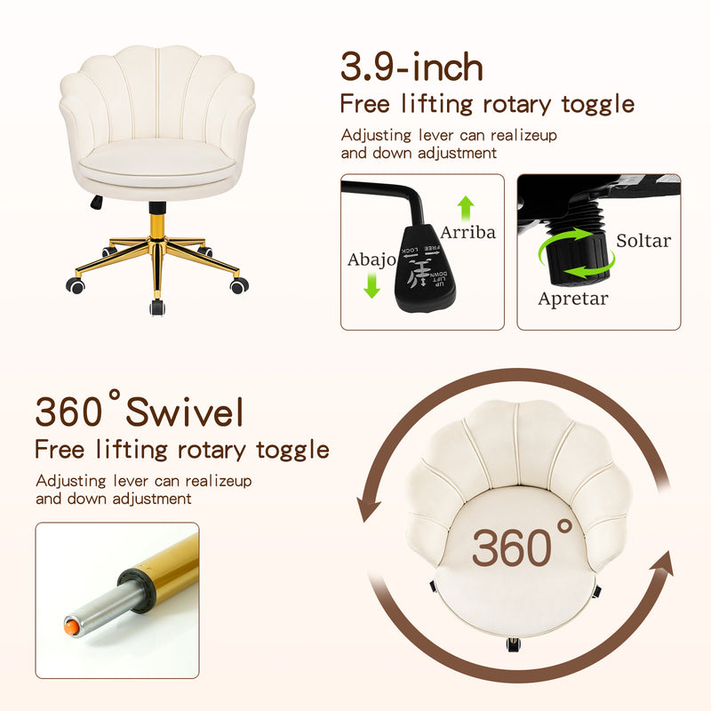 Furniliving Cute Vanity Chair With Shall-Shaped Backrest,Adjustable Swivel Home Office Desk Chair With Wheels