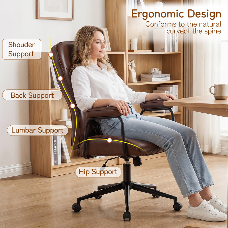 Furniliving Leather Home Office Desk Chair Mid Century Modern Office Chair With Lumbar Support