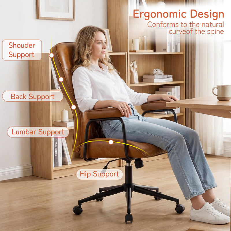 Furniliving Leather Home Office Desk Chair Mid Century Modern Office Chair With Lumbar Support