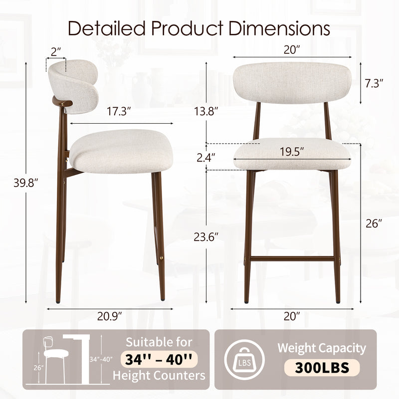 Upholstered Linen Bar Stools with Walnut Grain Metal Legs