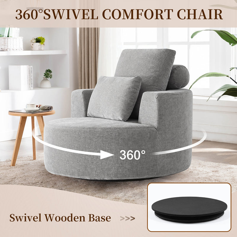360° Swivel Oversized Barrel Chair, Chenille Upholstered Round Accent Chair