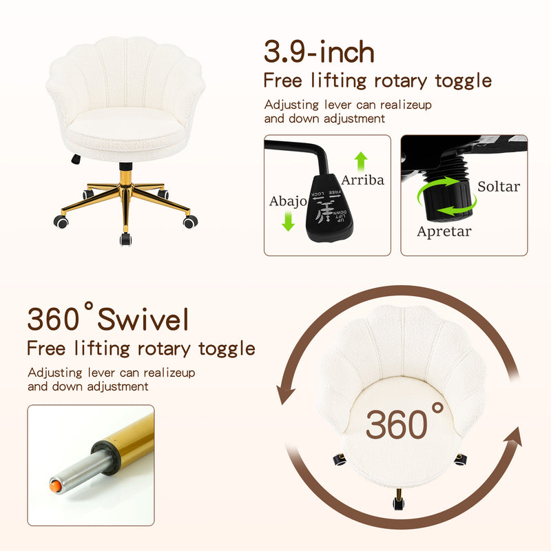 Furniliving Cute Vanity Chair With Shall-Shaped Backrest,Adjustable Swivel Home Office Desk Chair With Wheels