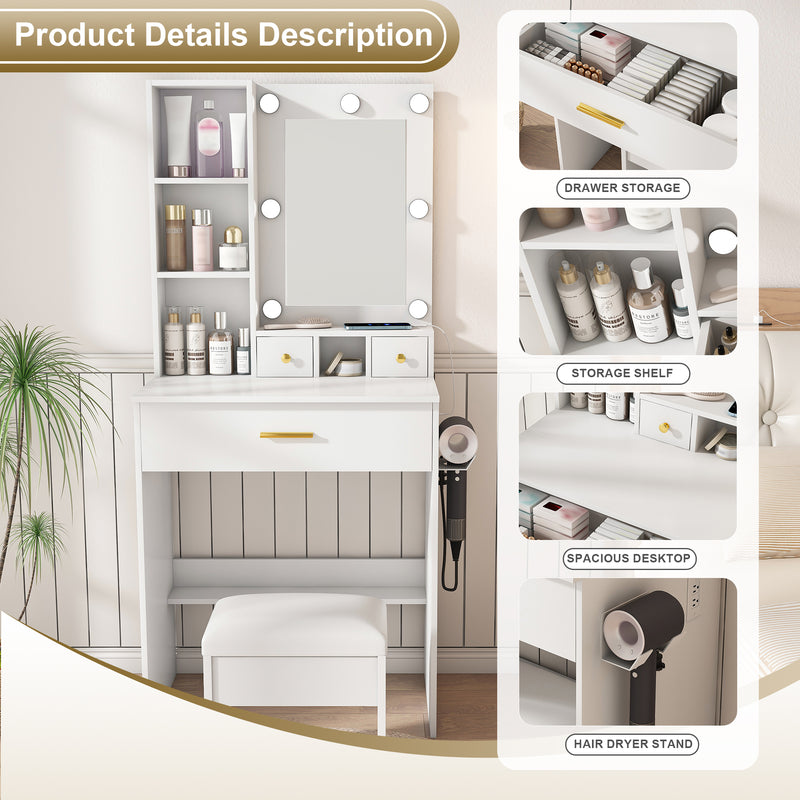 Vanity Table with Mirror & Adjustable LED Lights, Power Outlet, Hairdryer Holder & Stool – Compact Dressing Desk for Small Bedrooms