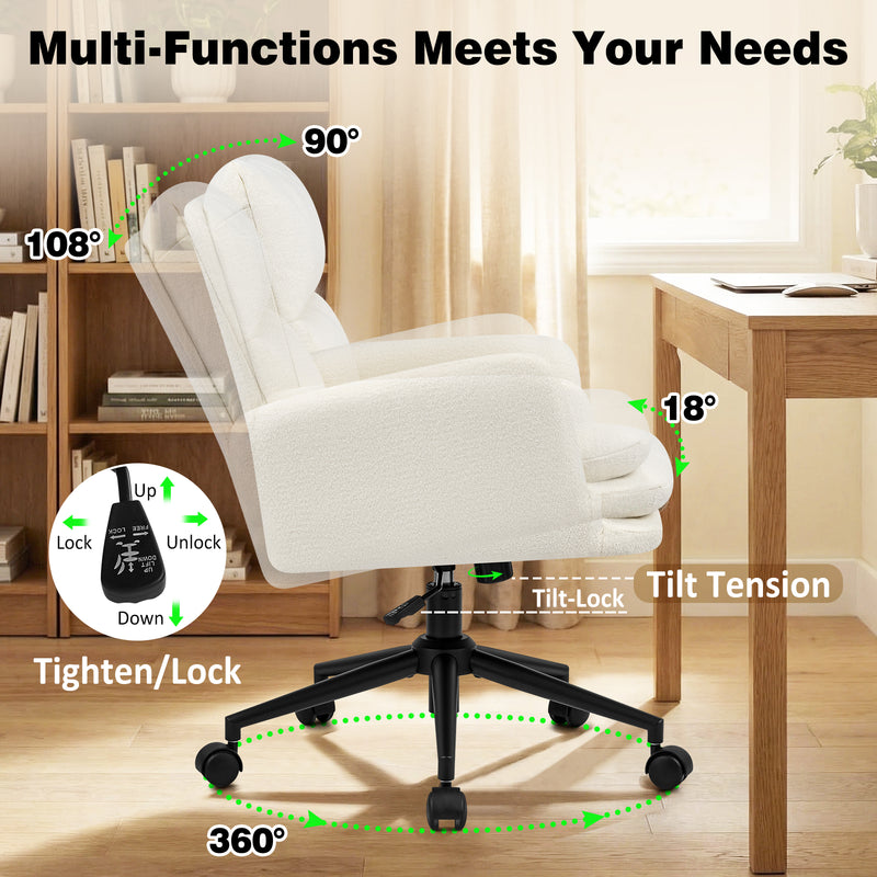 Modern Home Office Desk Chair With High Backrest，Chenille Upholstered Accent Chair With Wheels,Adjustable Swivel Computer Chair With Plush Curved Back,Fashion Vanity Stool Home Office Chair For Home Office,Study Room