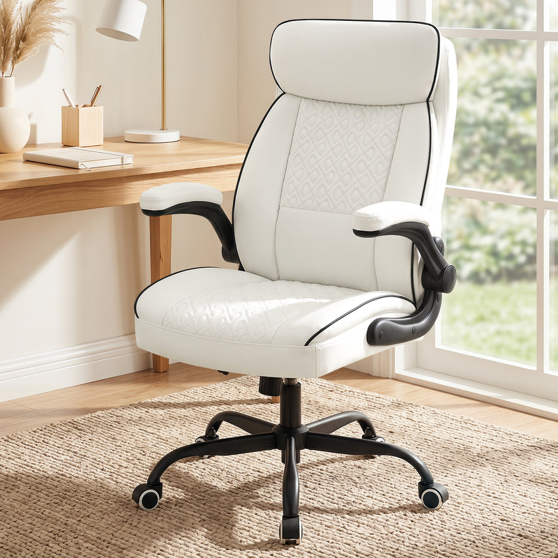 Furniliving Mid Century Modern Office Chair Leather Computer Desk Chair With Flip-Up Armrests