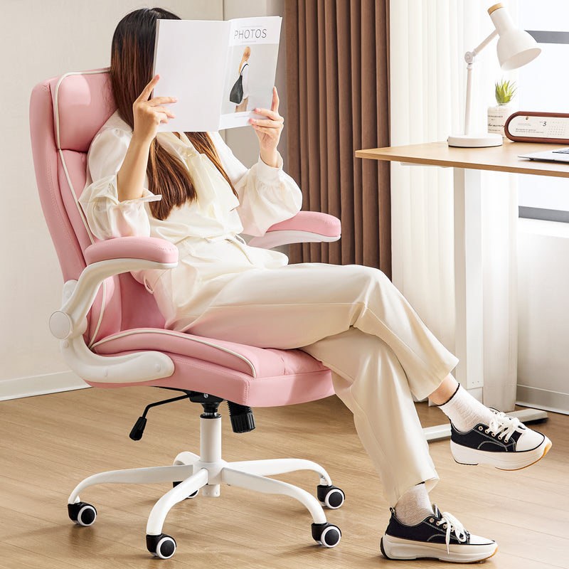 Furniliving Mid Century Modern Office Chair Leather Computer Desk Chair With Flip-Up Armrests
