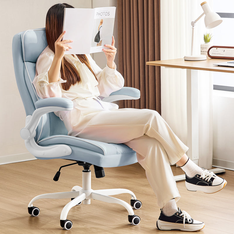 Furniliving Mid Century Modern Office Chair Leather Computer Desk Chair With Flip-Up Armrests