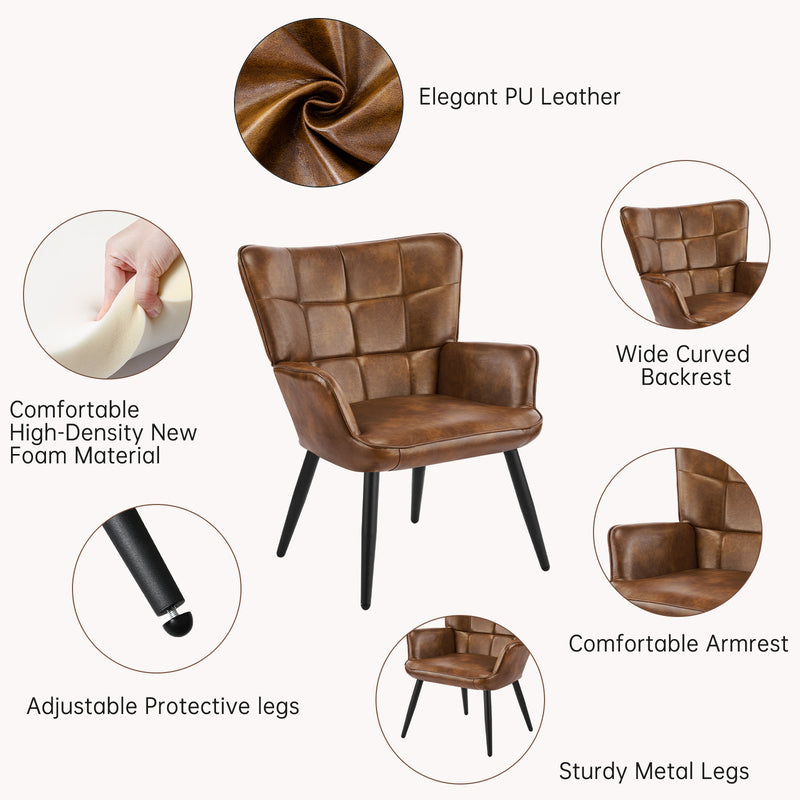 PU Leather Accent Chair With High Backrest Comfortable Tufted With Feather-Like Armrests