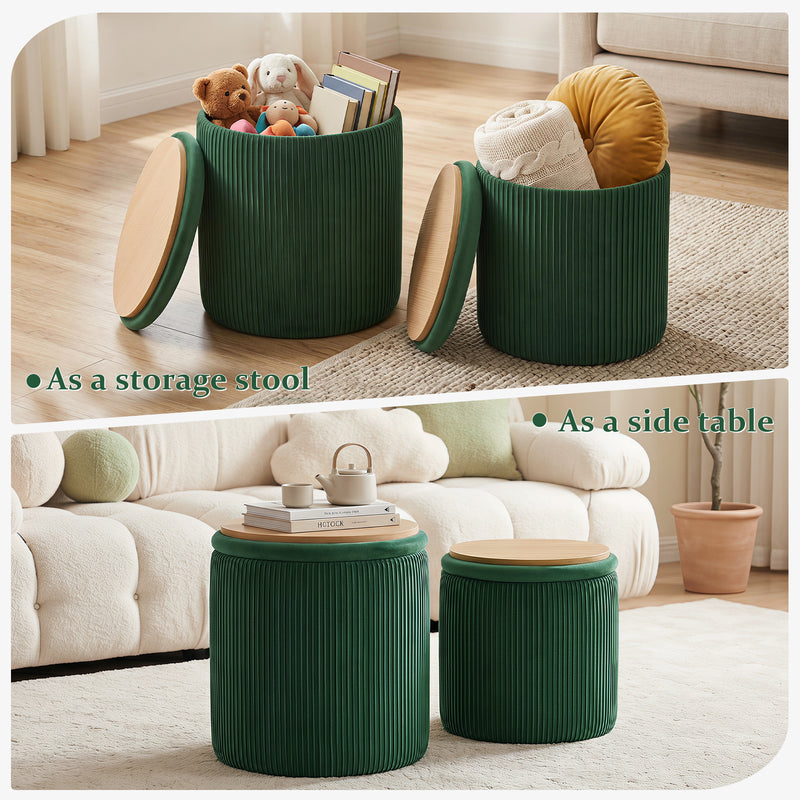 Velvet Storage Stool Set Of 2,Round Ottoman With Paint-Free Panels As a Small Table,Cute Foot Stool For Entryway