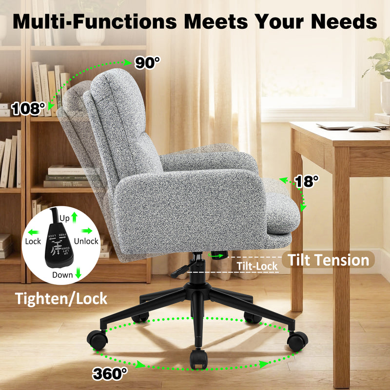 Modern Home Office Desk Chair With High Backrest，Chenille Upholstered Accent Chair With Wheels,Adjustable Swivel Computer Chair With Plush Curved Back,Fashion Vanity Stool Home Office Chair For Home Office,Study Room