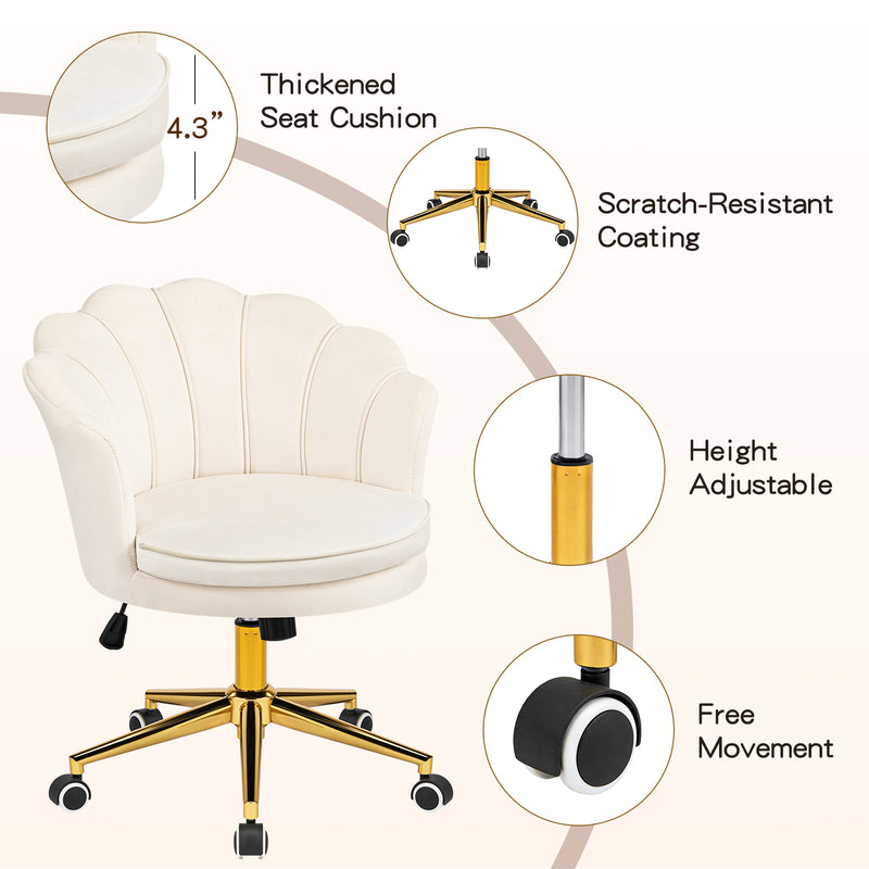Furniliving Cute Vanity Chair With Shall-Shaped Backrest,Adjustable Swivel Home Office Desk Chair With Wheels