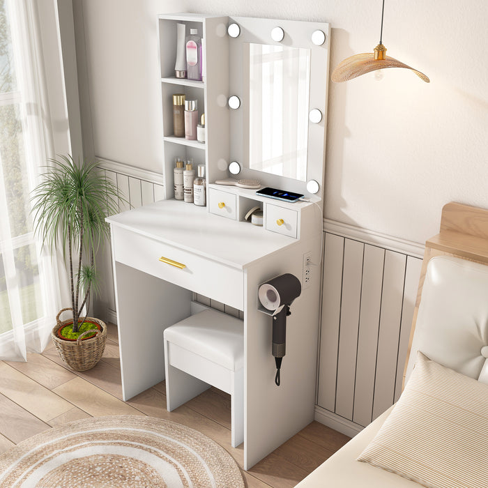 Vanity Table with Mirror & Adjustable LED Lights, Power Outlet, Hairdryer Holder & Stool – Compact Dressing Desk for Small Bedrooms