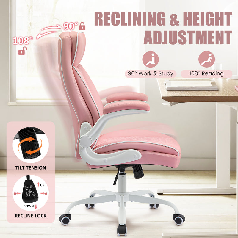 Furniliving Mid Century Modern Office Chair Leather Computer Desk Chair With Flip-Up Armrests