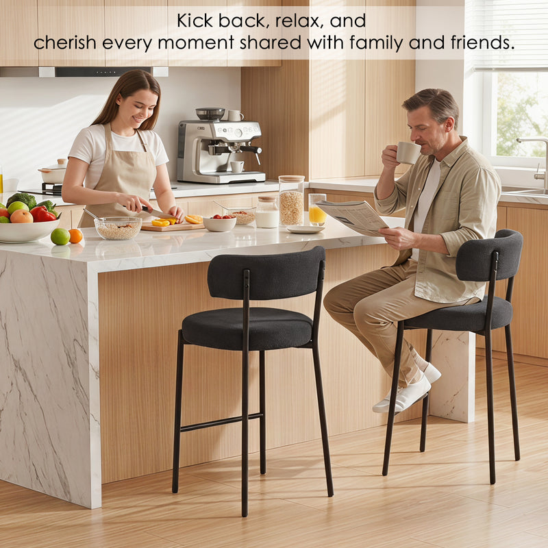 Furnilivng 24'' Bar Stools Set of 2, Modern Boucle Fabric Counter Height Bar Stools with Mid Back, Metal Frame with Upholstered for Kitchen Island, Bar, Dining Room