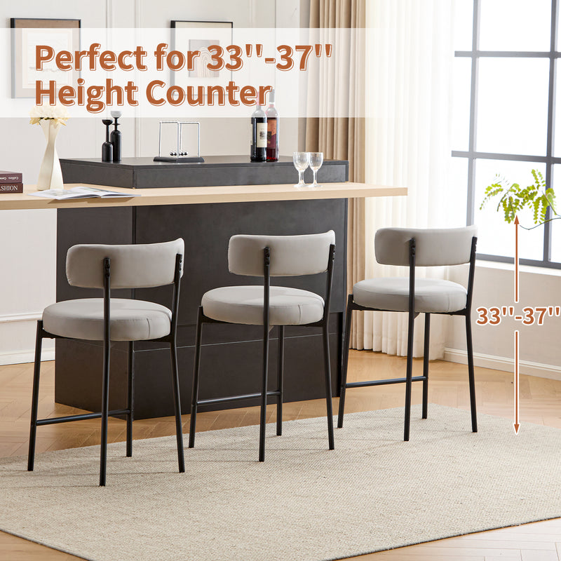 Furnilivng 24'' Bar Stools Set of 2, Modern Boucle Fabric Counter Height Bar Stools with Mid Back, Metal Frame with Upholstered for Kitchen Island, Bar, Dining Room