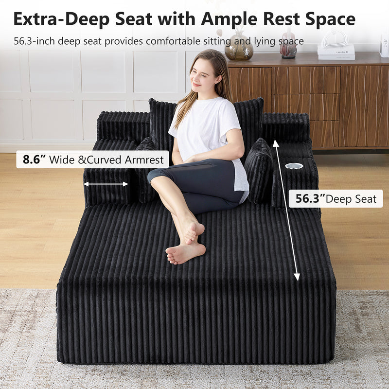 66" Oversized Chaise Lounge Indoor, Upholstered Sofa Bed with 1 Cup Holders & 4 Side Pockets