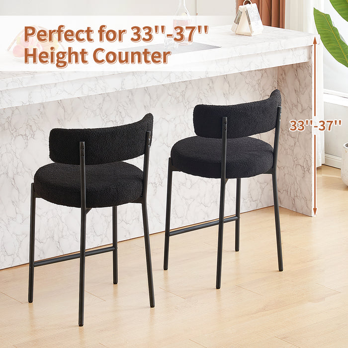 Furnilivng 24'' Bar Stools Set of 2, Modern Boucle Fabric Counter Height Bar Stools with Mid Back, Metal Frame with Upholstered for Kitchen Island, Bar, Dining Room