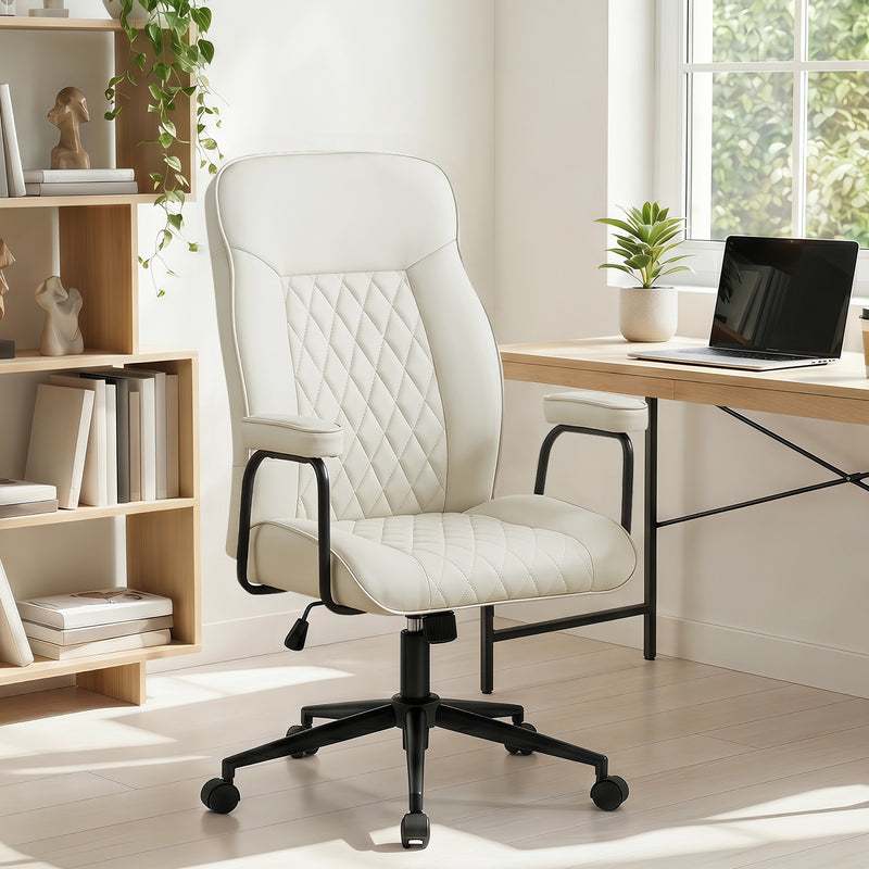 Furniliving Leather Home Office Desk Chair Mid Century Modern Office Chair With Lumbar Support