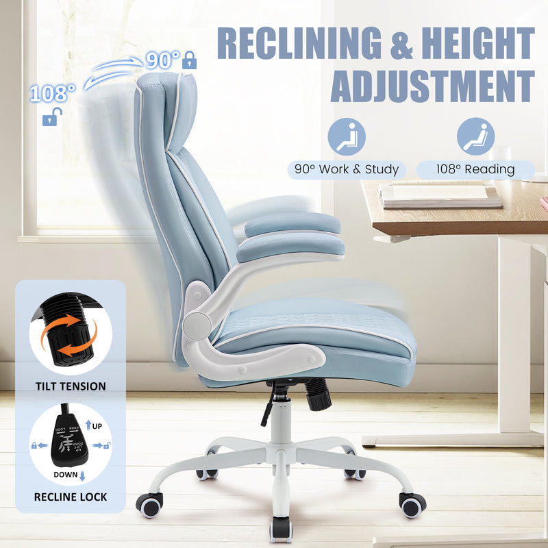 Furniliving Mid Century Modern Office Chair Leather Computer Desk Chair With Flip-Up Armrests