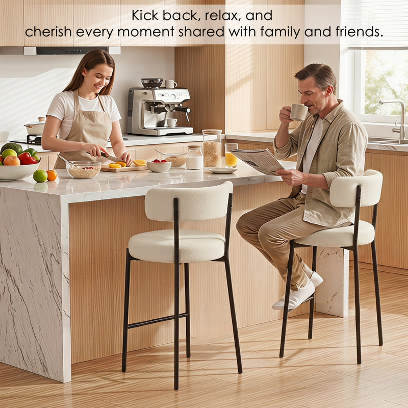 Furnilivng 24'' Bar Stools Set of 2, Modern Boucle Fabric Counter Height Bar Stools with Mid Back, Metal Frame with Upholstered for Kitchen Island, Bar, Dining Room