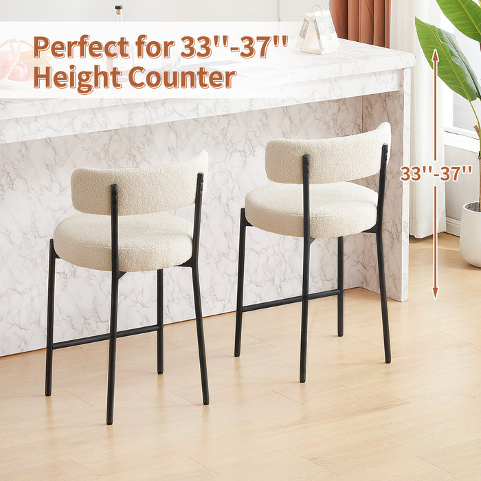 Furnilivng 24'' Bar Stools Set of 2, Modern Boucle Fabric Counter Height Bar Stools with Mid Back, Metal Frame with Upholstered for Kitchen Island, Bar, Dining Room