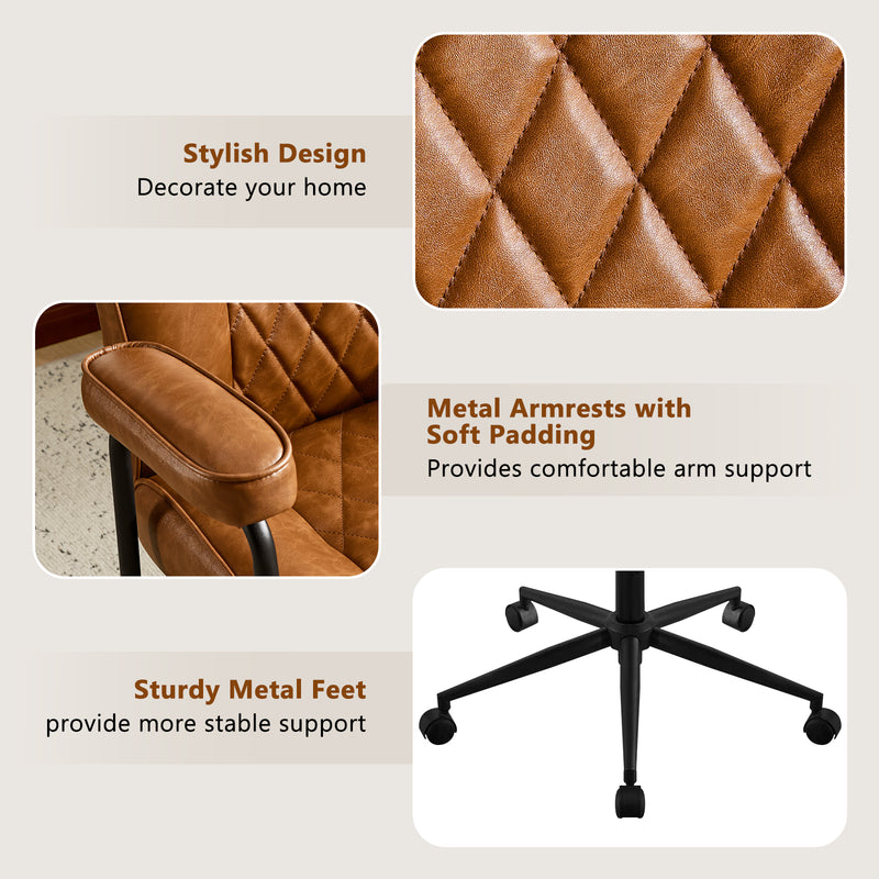 Furniliving Leather Home Office Desk Chair Mid Century Modern Office Chair With Lumbar Support