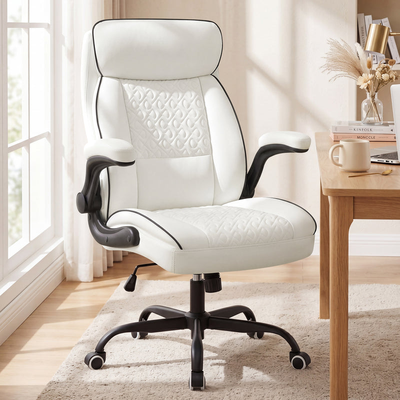 Furniliving Mid Century Modern Office Chair Leather Computer Desk Chair With Flip-Up Armrests